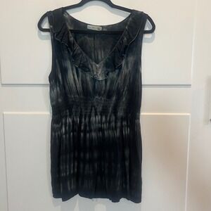 Unity World Wear XL Top Black Gray Sleeveless Tie Dye Ruffle‎ V Neck Rayon